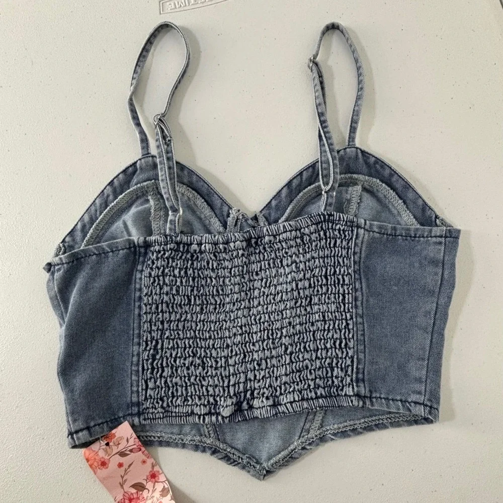 Denim Corset Top Y2K Festival Streetwear Baddie Western Smocking Women S - Picture 2 of 8